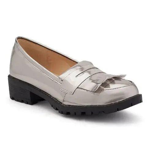 Silver patent leather loafers with bow detail and chunky sole for women's fashion