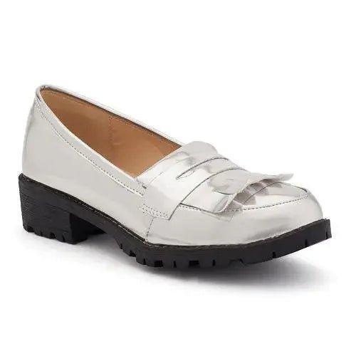Silver patent leather loafer with bow detail and chunky sole for women's fashion
