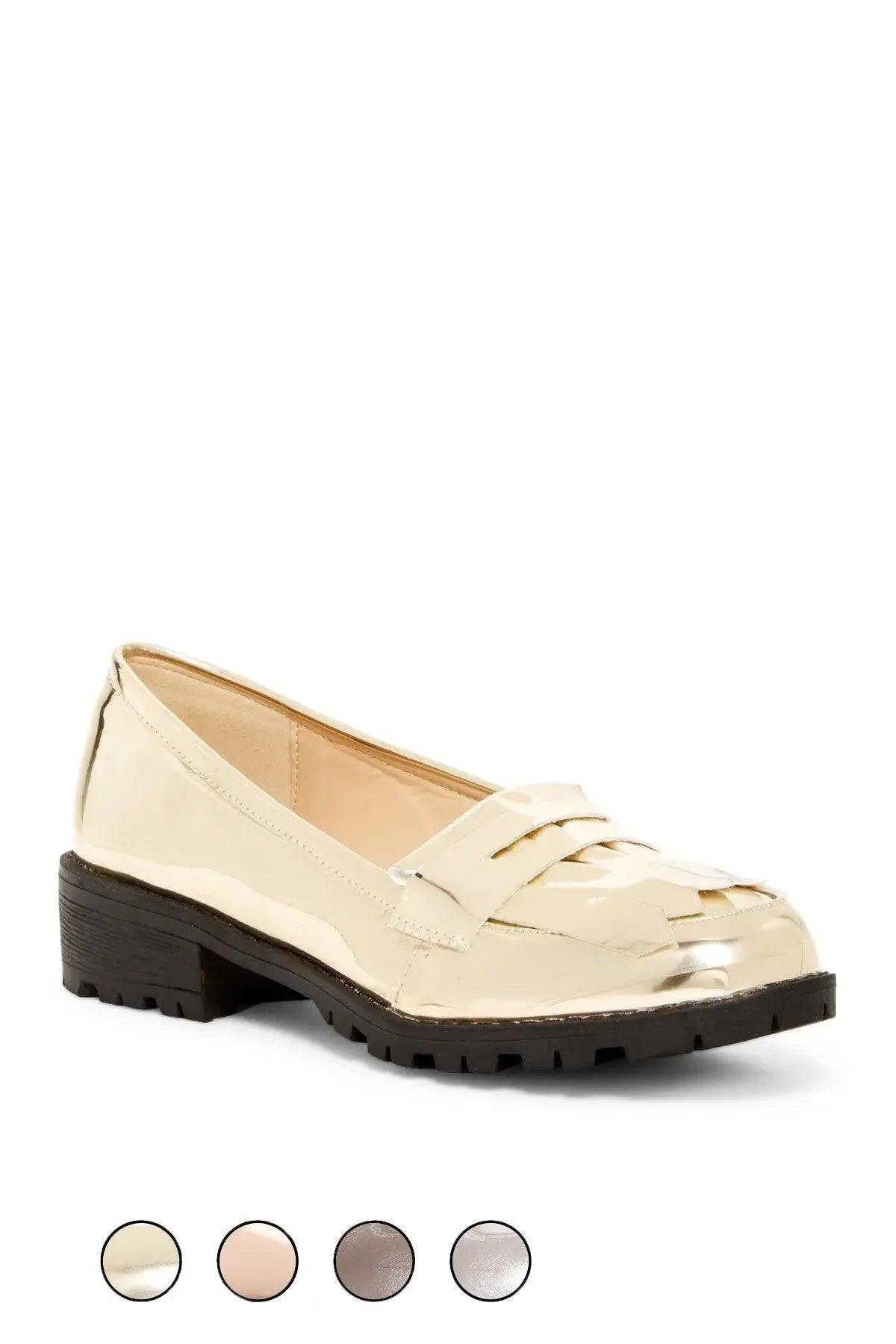 Cream patent leather loafer with chunky sole, women's fashion shoe in multiple colors
