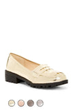 Cream patent leather loafer with chunky sole, women's fashion shoe in multiple colors