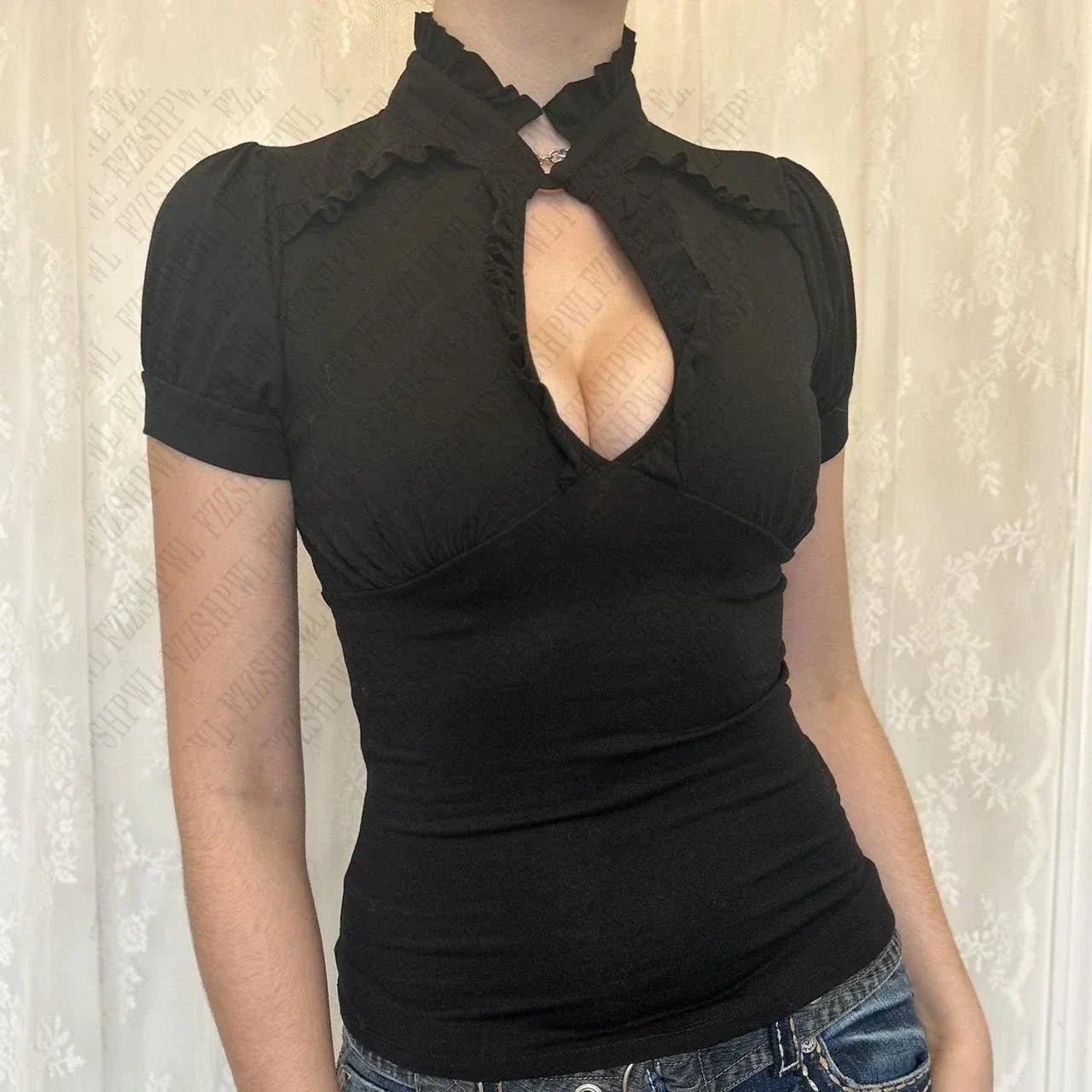 Black ruffled halter top with keyhole cutout, puff sleeves, and fitted design for women's fashion