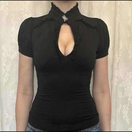 Black ruffled keyhole top with puff sleeves, women's fashion