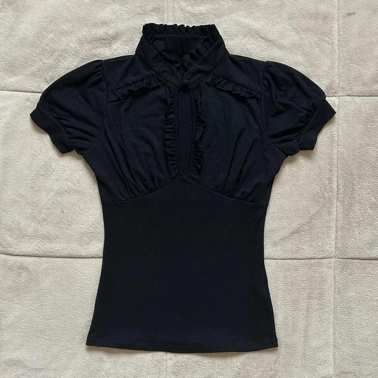 Black women's blouse with ruffled high neck and puff sleeves, stylish fashion top