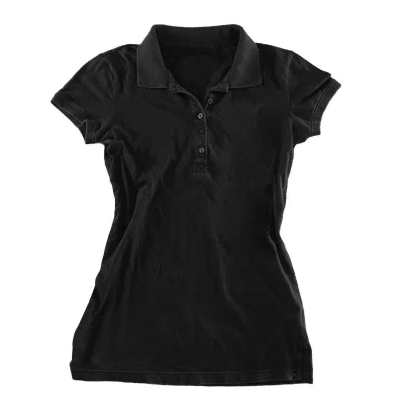 Black women's polo shirt with short sleeves and button placket, stylish casual fashion top