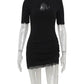 Black lace-trimmed mini dress with ruched detail and high neck, perfect for women's fashion