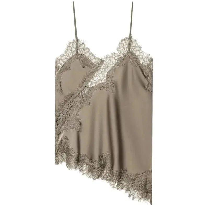 Elegant beige lace camisole with delicate floral trim, women's fashion lingerie top