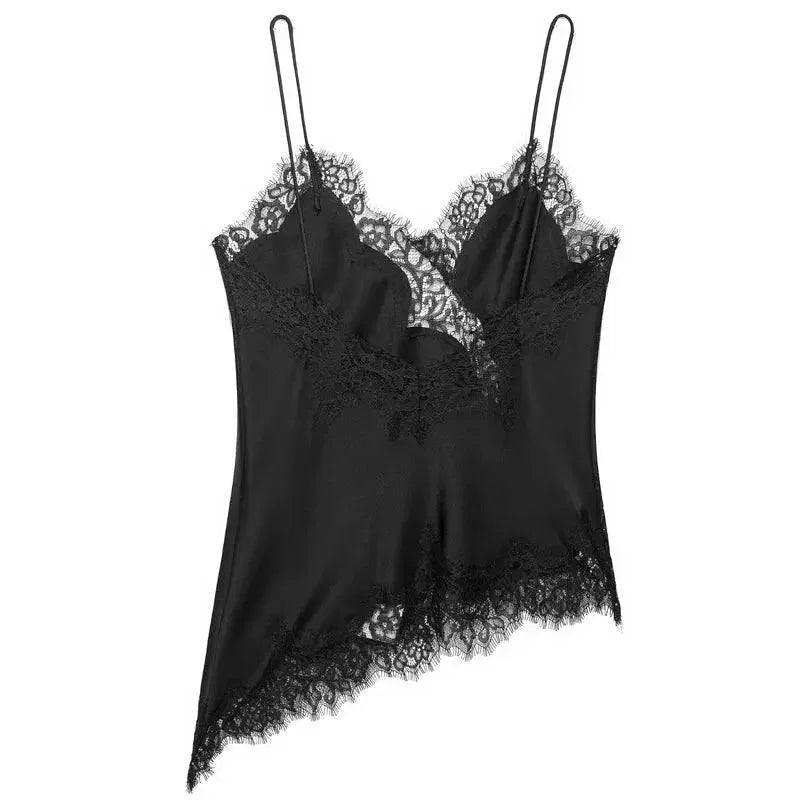 Black lace trim satin camisole for women's fashion and lingerie