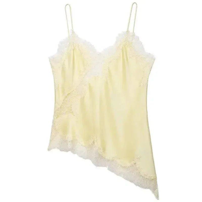 Cream lace-trimmed satin camisole top for women's fashion and lingerie