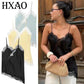 Black lace trim satin camisole top for women, stylish fashion wear with elegant detailing