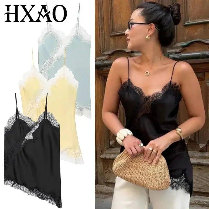 Black lace trim satin camisole top for women, stylish fashion wear with elegant detailing