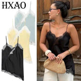 Black lace trim satin camisole top for women, stylish fashion wear with elegant detailing