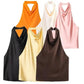 Women's satin cowl neck sleeveless tops in black, yellow, brown, orange, white, pink — elegant fashion tops