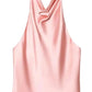 Pink satin halter neck top with draped cowl neckline, women's fashion