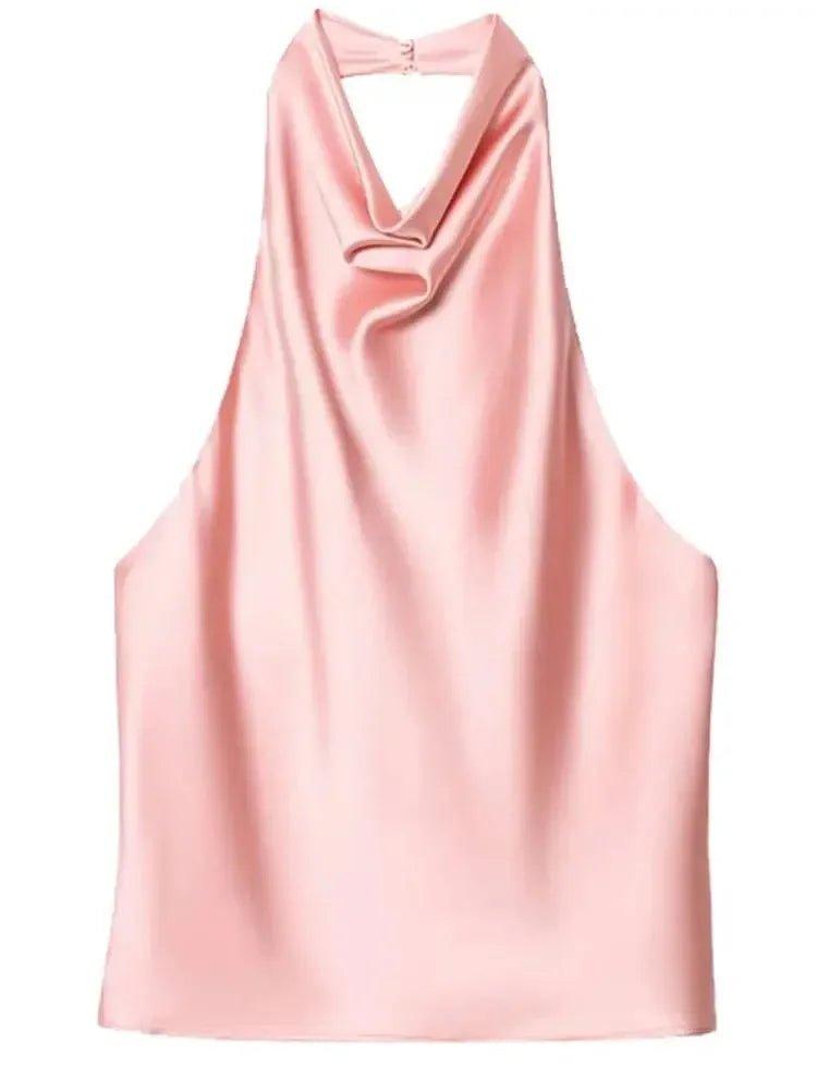 Pink satin halter neck top with draped cowl neckline, women's fashion