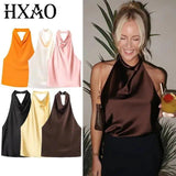 Women's satin halter neck top in multiple colors, elegant fashion blouse for parties or evenings