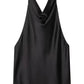 Black satin halter neck top with cowl neckline, elegant women's fashion blouse