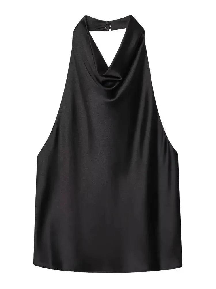 Black satin halter neck top with cowl neckline, elegant women's fashion blouse