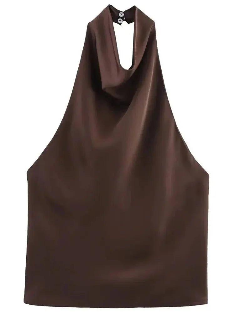 Brown satin halter neck top with button closure, elegant women's fashion blouse