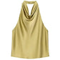 Gold satin halter neck top for women, elegant cowl neckline fashion blouse