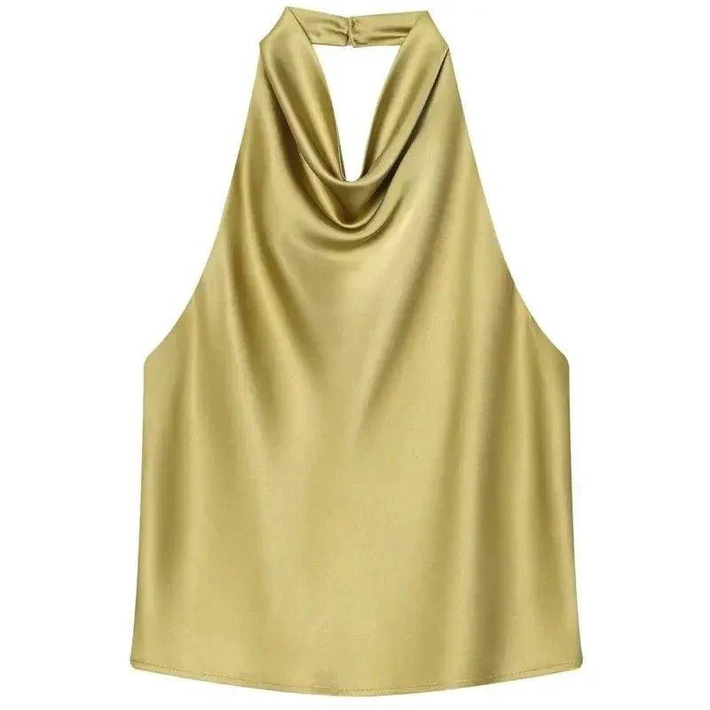 Gold satin halter neck top for women, elegant cowl neckline fashion blouse