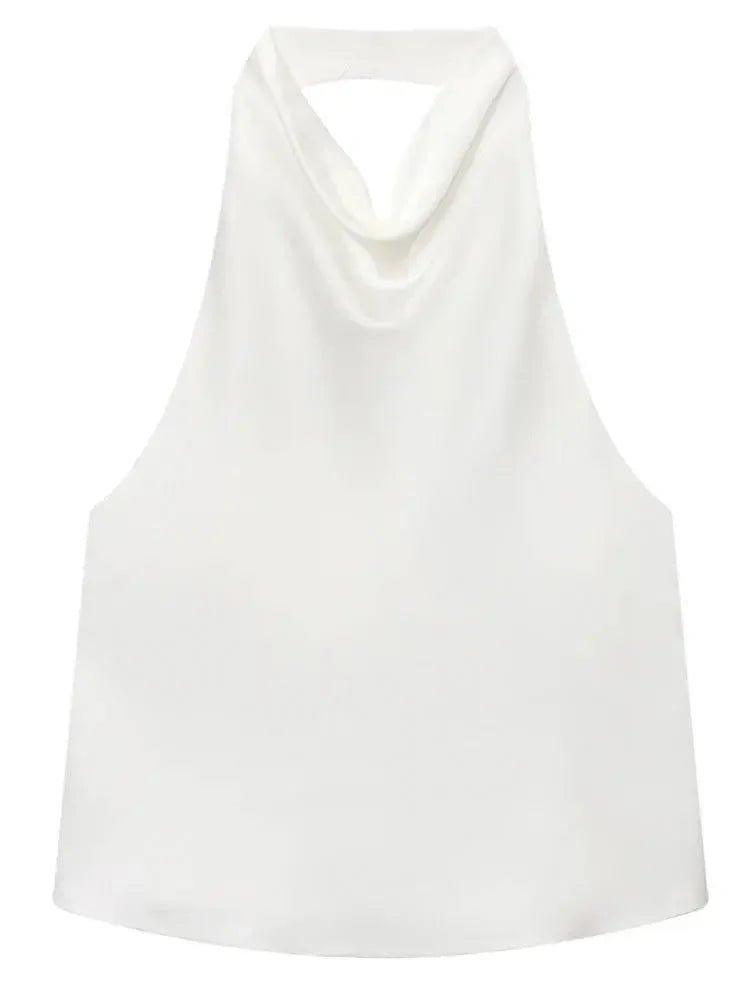 White sleeveless cowl neck top for women's fashion