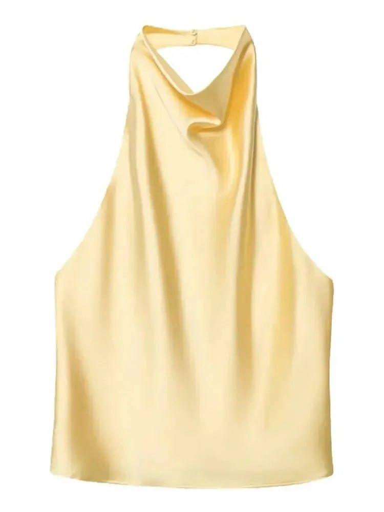 Elegant yellow satin halter top for women's fashion