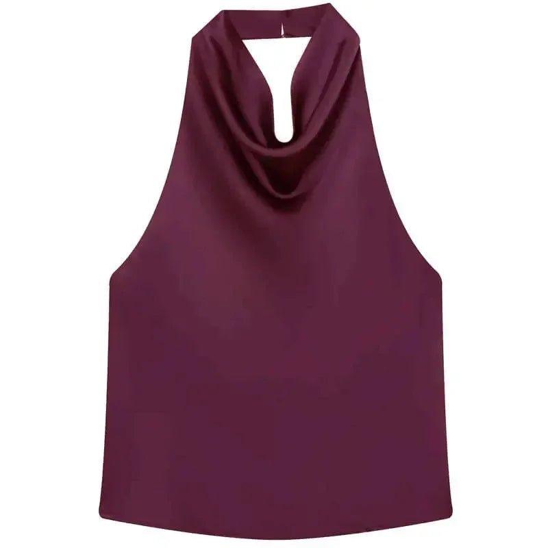 Elegant burgundy sleeveless top with cowl neckline, perfect for women's fashion and stylish outfits.