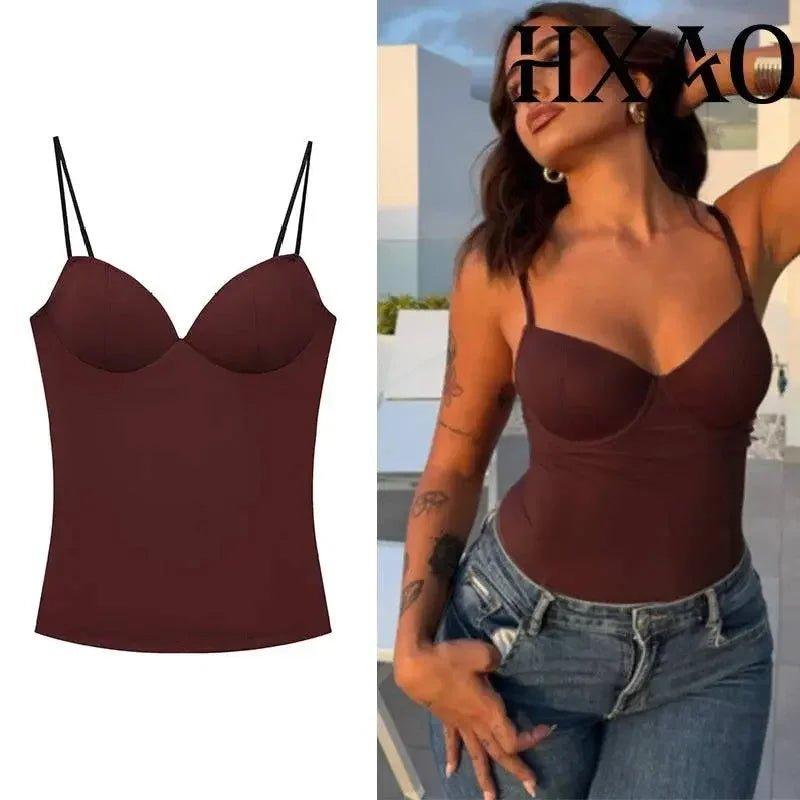 Burgundy strappy camisole top for women, stylish fashion tank with padded cups, paired with denim jeans