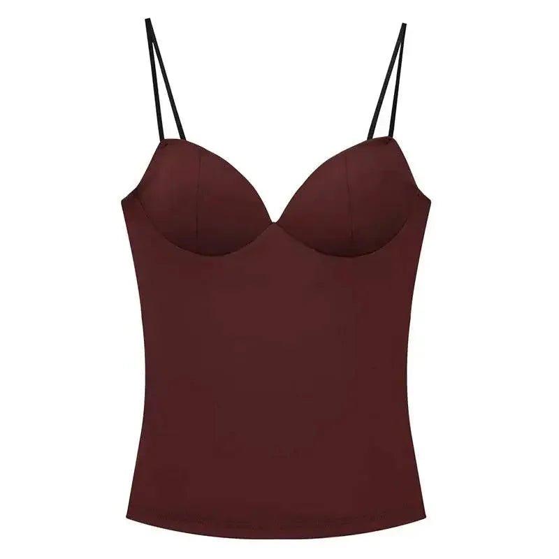 Burgundy women's camisole with thin straps and sweetheart neckline, stylish fashion top