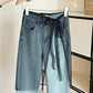 Women's denim pants with lace overlay and tie waist, fashion jeans for casual wear