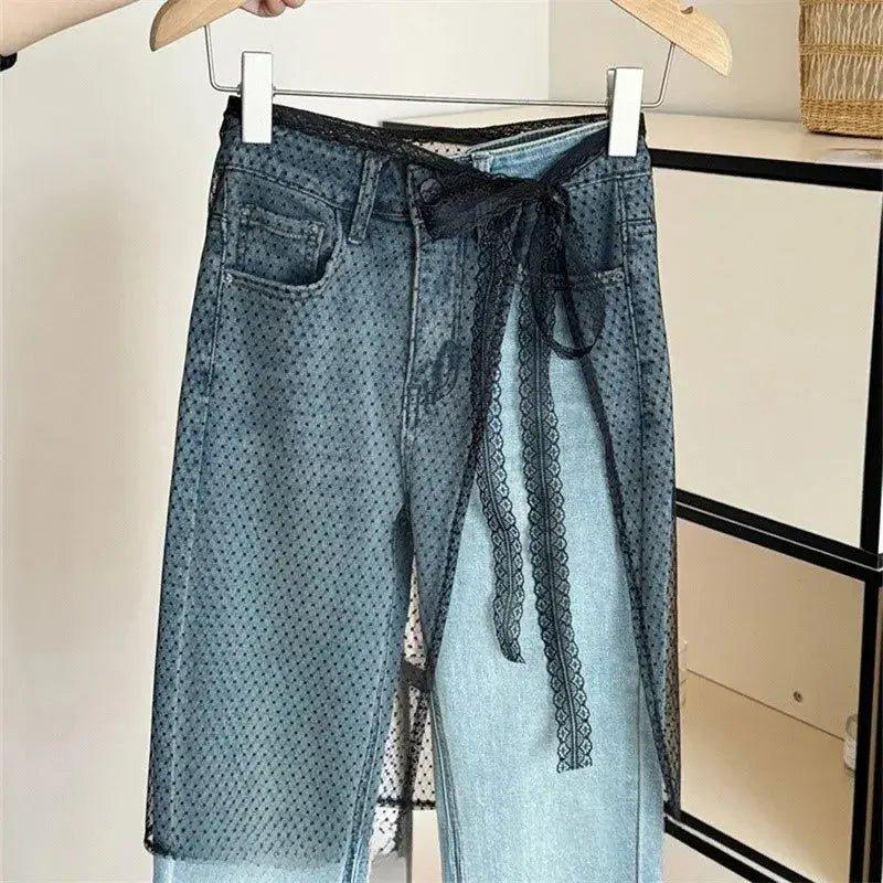 Women's denim pants with lace overlay and tie waist, fashion jeans for casual wear