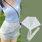 White lace floral scarf styled with denim shorts and light blue top for women's fashion