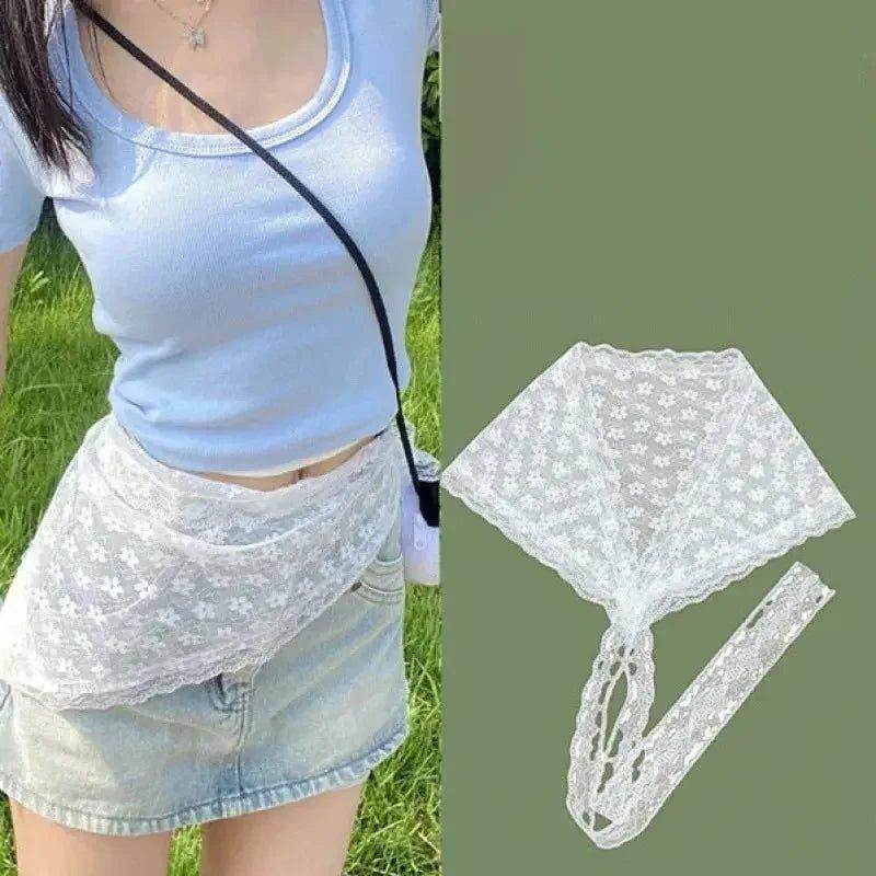 White lace floral scarf styled with denim shorts and light blue top for women's fashion