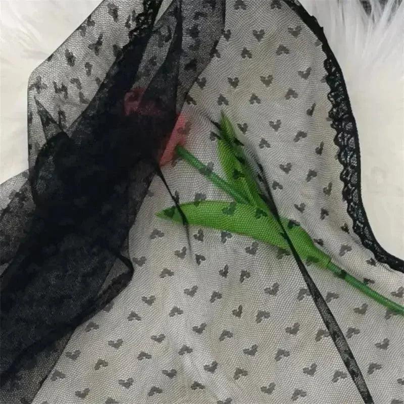 Black lace trim sheer fabric with heart pattern, fashion accessory for women's wear