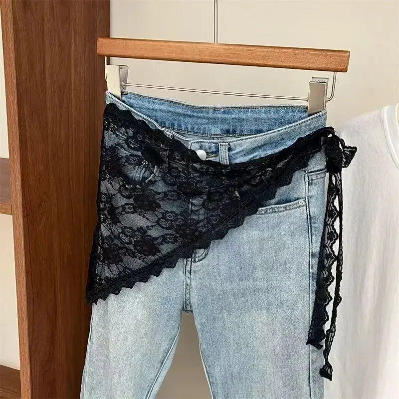 Black lace waist wrap for women's jeans, fashion accessory, stylish denim layering piece