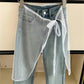 Women's denim jeans with lace polka dot overlay wrap, fashion streetwear style