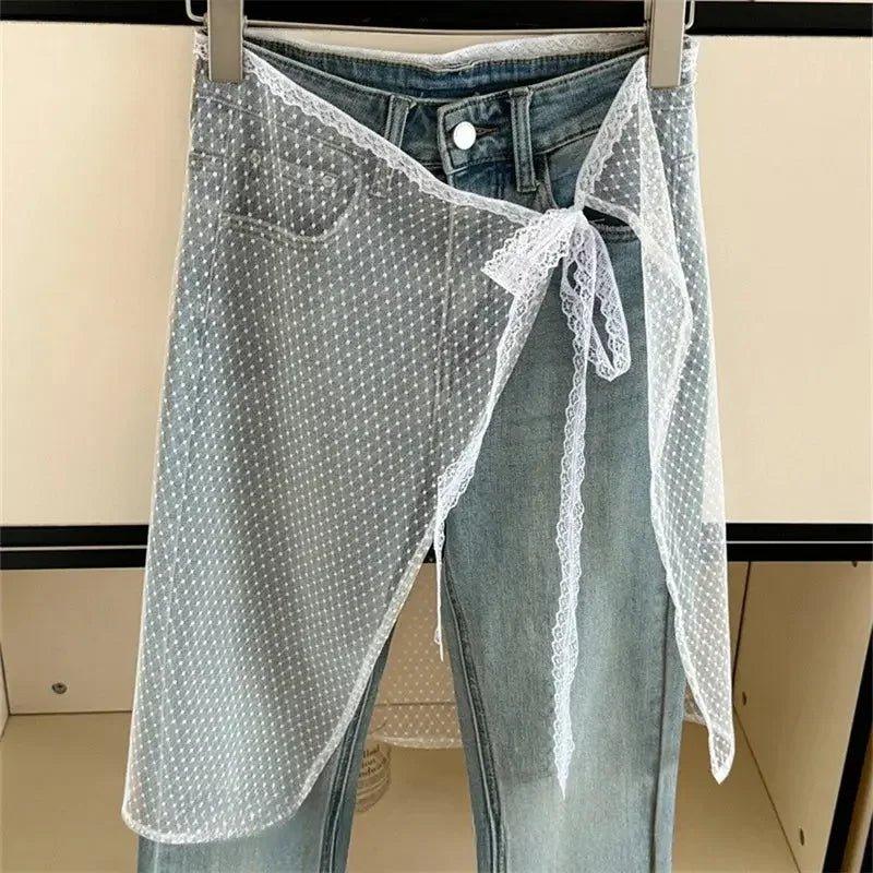 Women's denim jeans with lace polka dot overlay wrap, fashion streetwear style