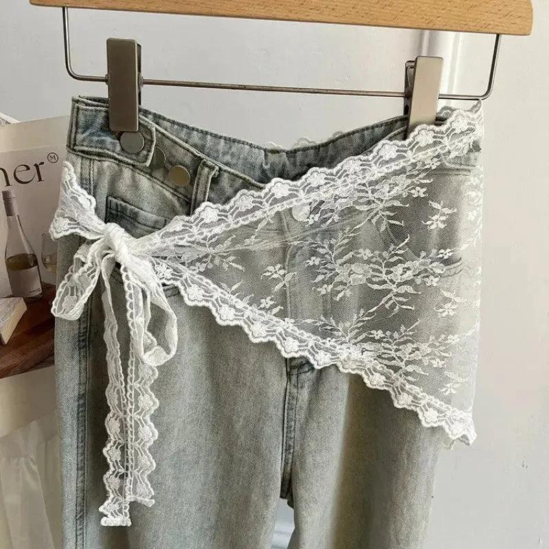 White lace waist tie for women's jeans, floral pattern, tied bow detail, fashion accessory