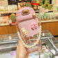 Pink cute water bottle with pearl strap, bow, and bunny charms for women’s fashion