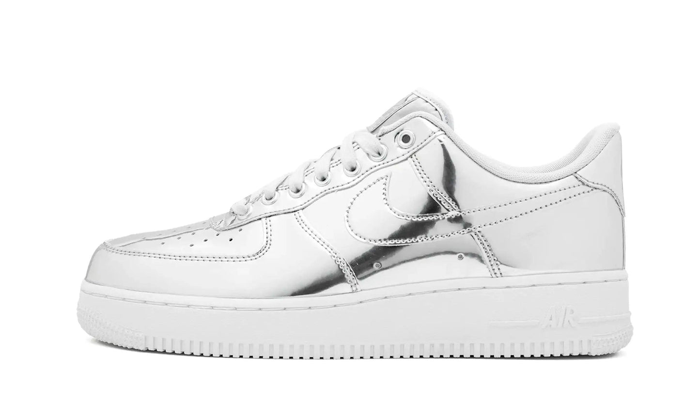 Women's white metallic Nike Air Force 1 sneakers, stylish fashion footwear for casual wear