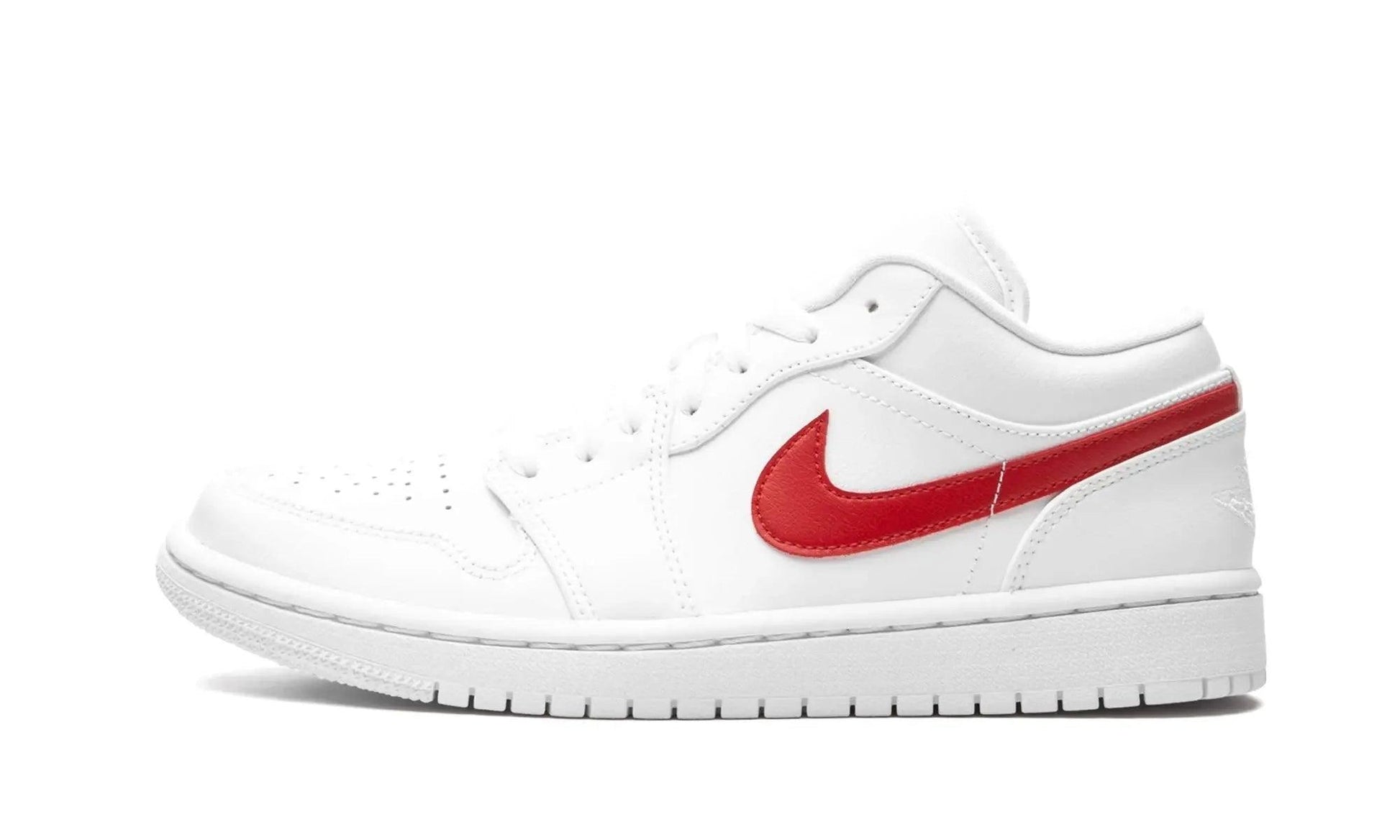 White low-top sneaker with red swoosh, stylish women's fashion footwear