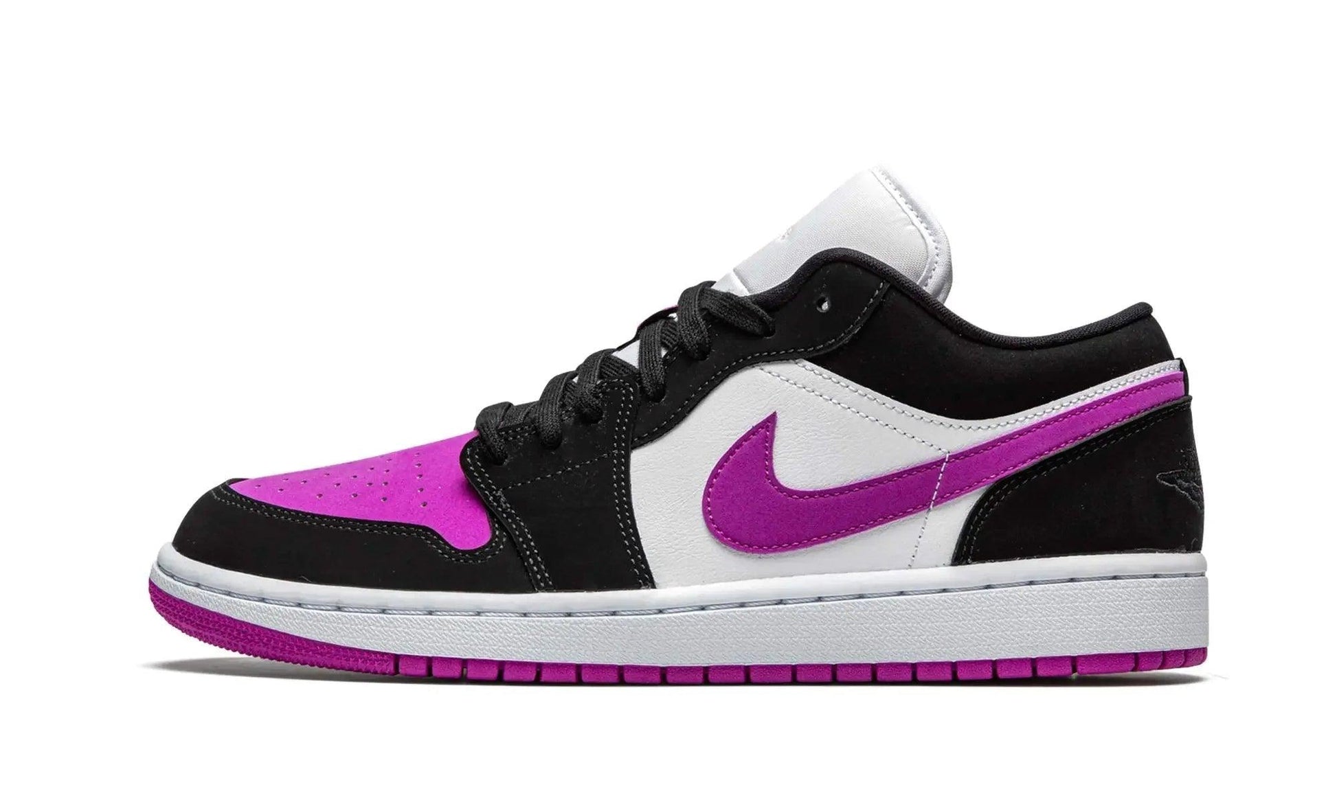 Women's black and vibrant purple low-top sneaker with white accents and Nike swoosh