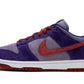 Purple and red Nike Dunk Low sneaker with suede texture and white sole, women's fashion footwear
