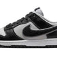 Black and white Nike Dunk Low sneaker with classic design and textured swoosh, ideal for casual fashion