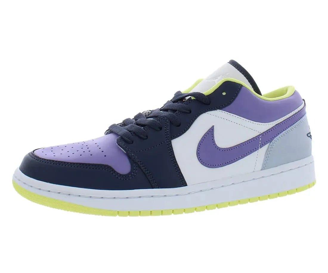 Purple and navy low-top sneaker with neon yellow sole, women's fashion footwear