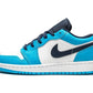 Blue and white low-top sneaker with navy laces and Nike swoosh, stylish women's fashion footwear