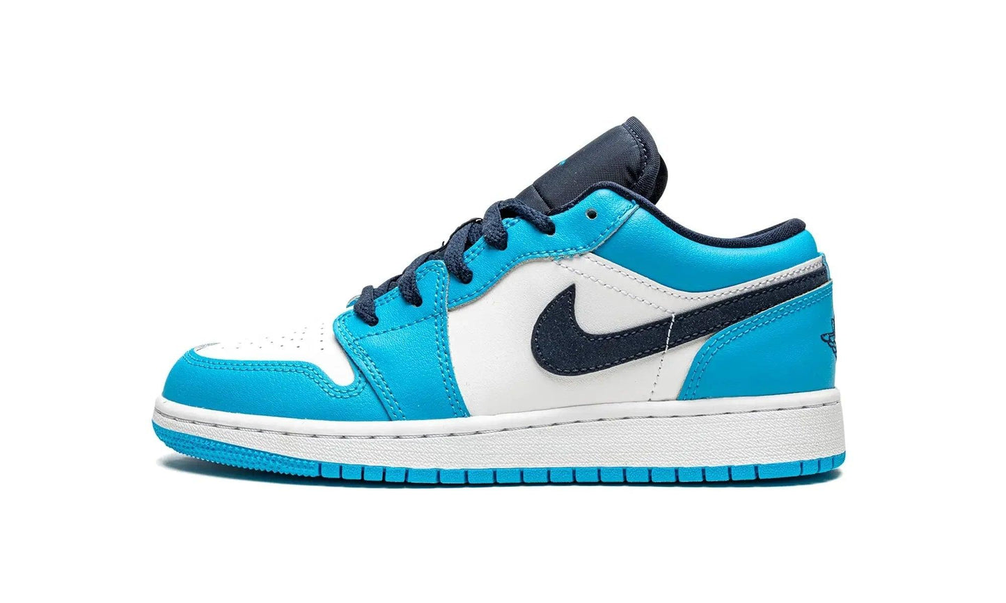 Blue and white low-top sneaker with navy laces and Nike swoosh, stylish women's fashion footwear