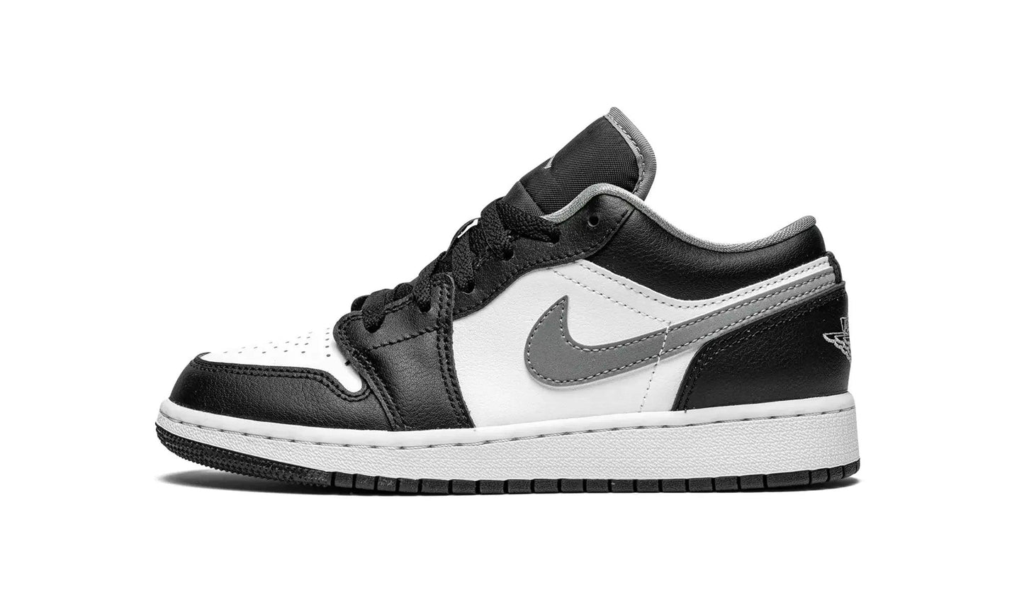 Black and white Nike Air Jordan 1 low sneaker with grey swoosh, women's fashion footwear