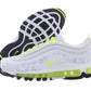 White Nike Air Max 97 with neon green accents and visible air cushioning, stylish women's fashion sneaker