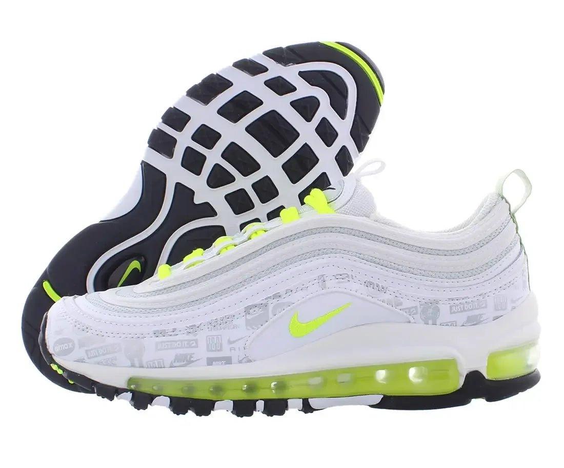 White Nike Air Max 97 with neon green accents and visible air cushioning, stylish women's fashion sneaker
